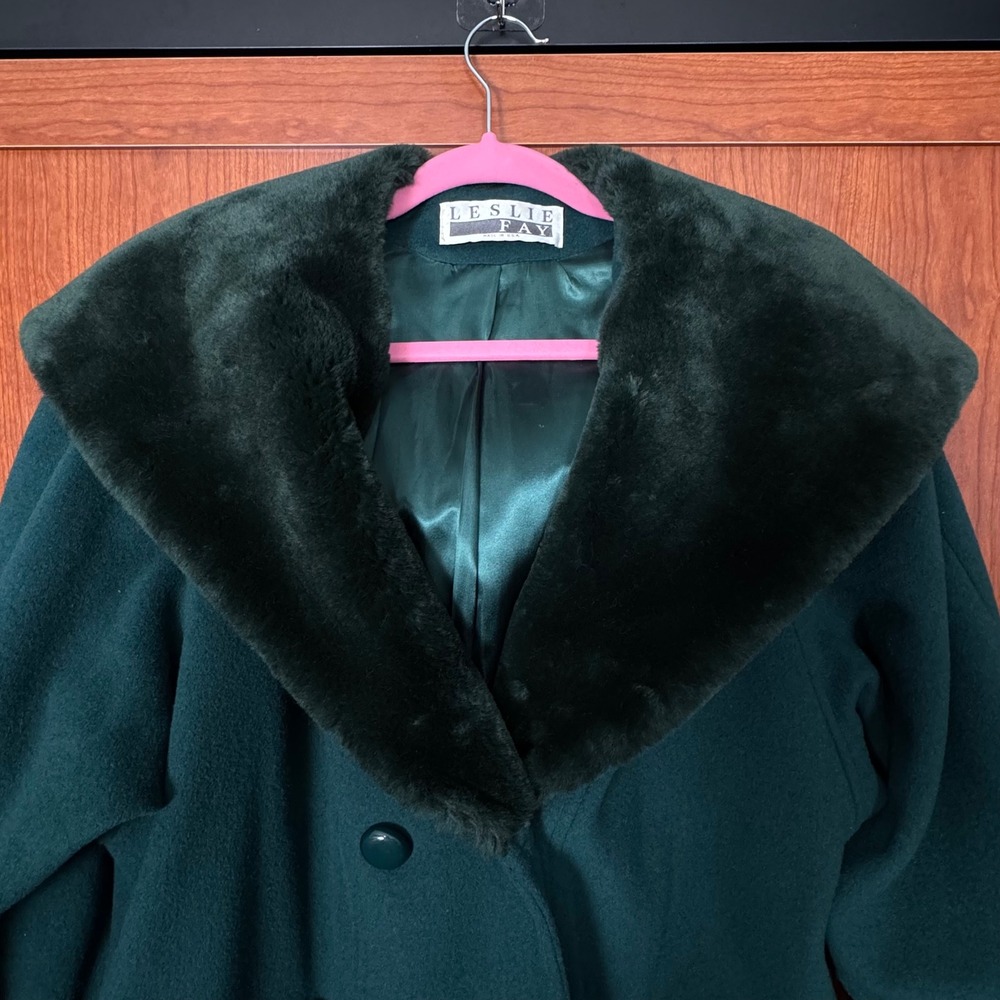 VTG Leslie Fay Wool Blend Coat Faux Fur Collar Cuffs Lined 12 Women's Dark Green - Picture 6 of 11